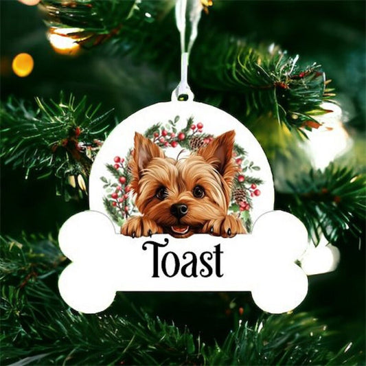 Personalised Christmas Bauble with Silky Terrier sat in a wreath