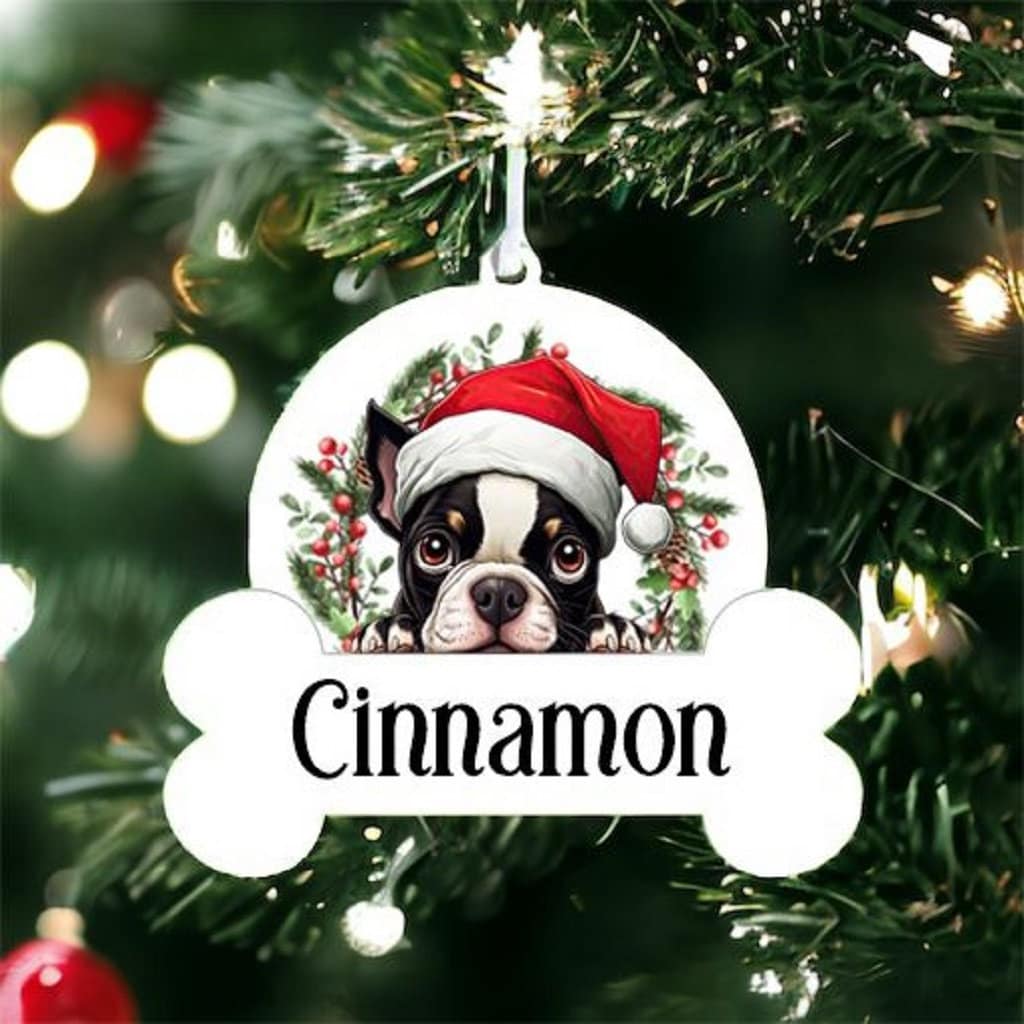 Personalised Christmas Bauble with Boston Terrier sat in a wreath