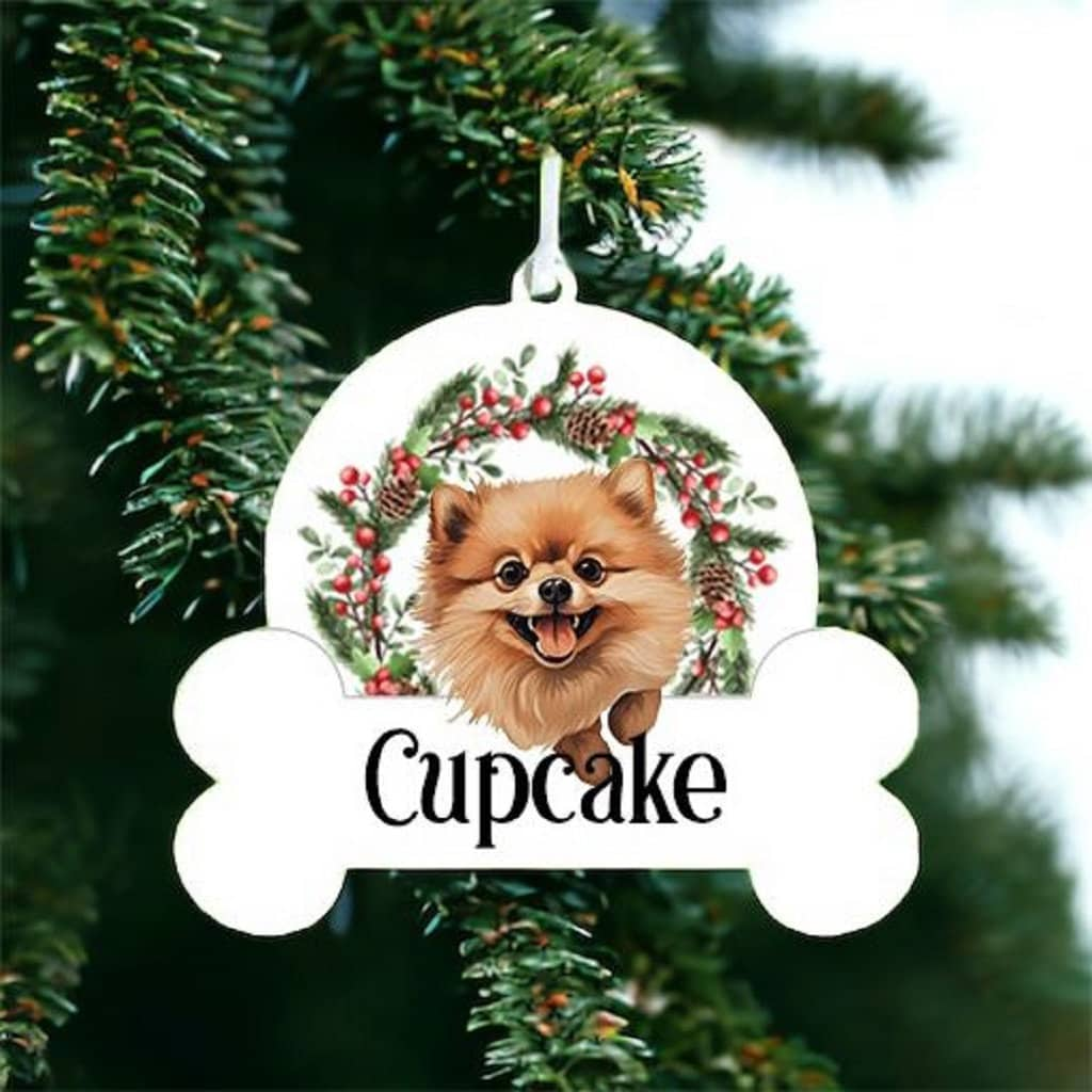 Personalised Christmas Bauble with Pomeranian sat in a wreath