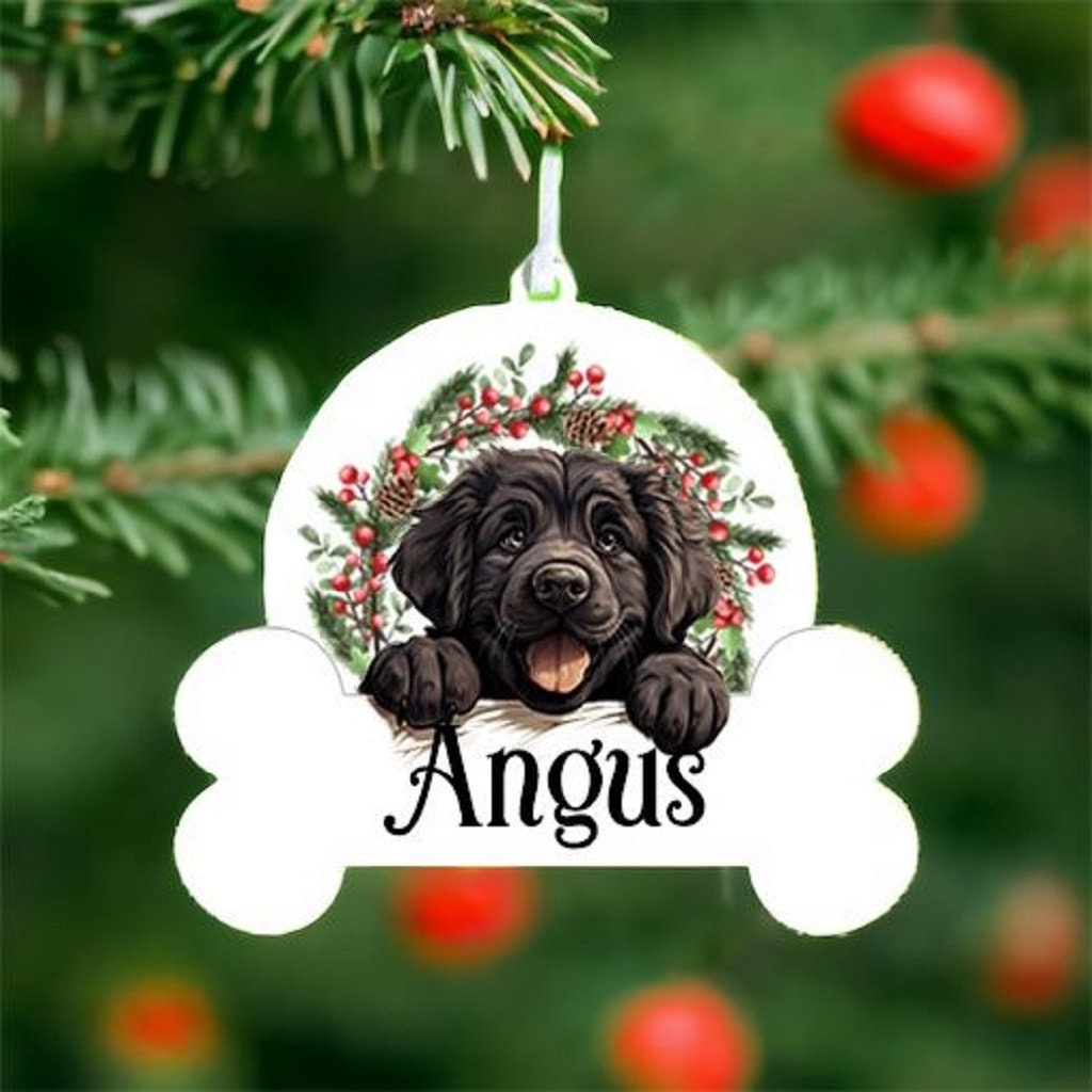 Personalised Christmas Bauble with Newfoundland sat in a wreath