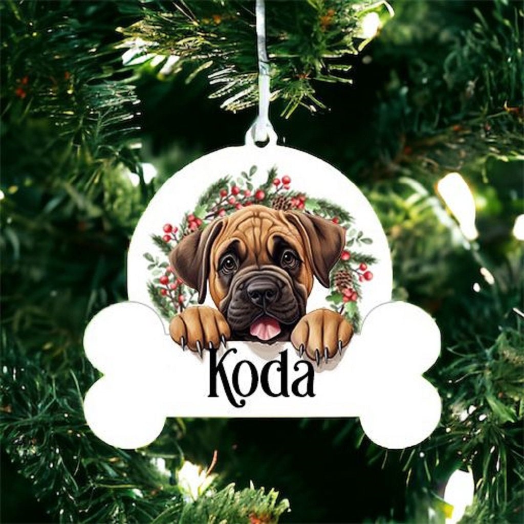 Personalised Christmas Bauble with Mastiff sat in a wreath