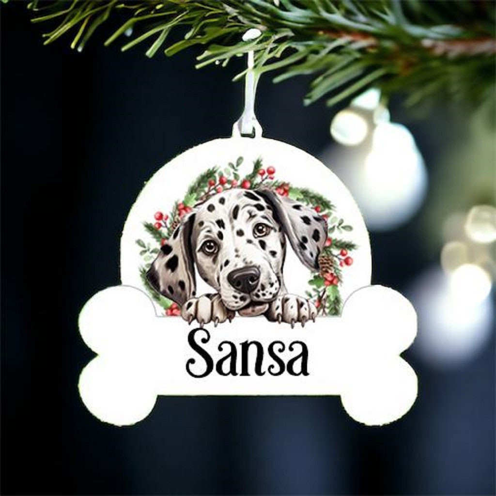 Personalised Christmas Bauble with Dalmatian sat in a wreath