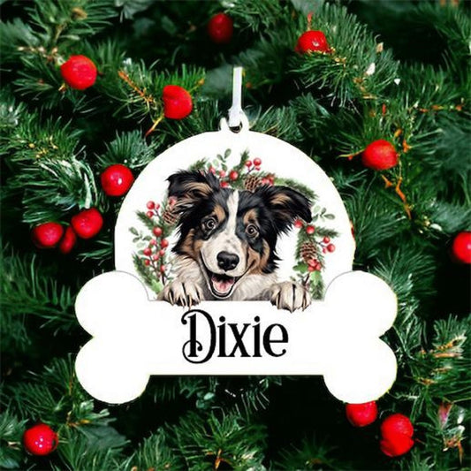 Personalised Christmas Bauble with Collie sat in a wreath