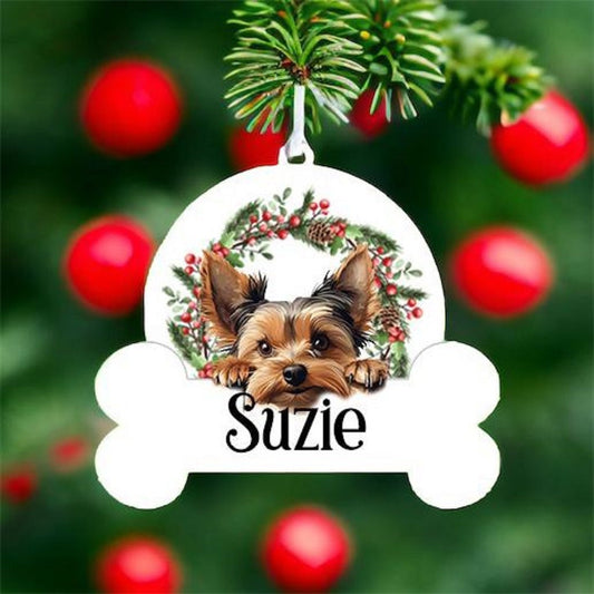 Personalised Christmas Bauble with Yorkshire Terrier sat in a wreath