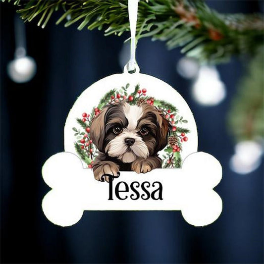 Personalised Christmas Bauble with Shih Tzu sat in a wreath