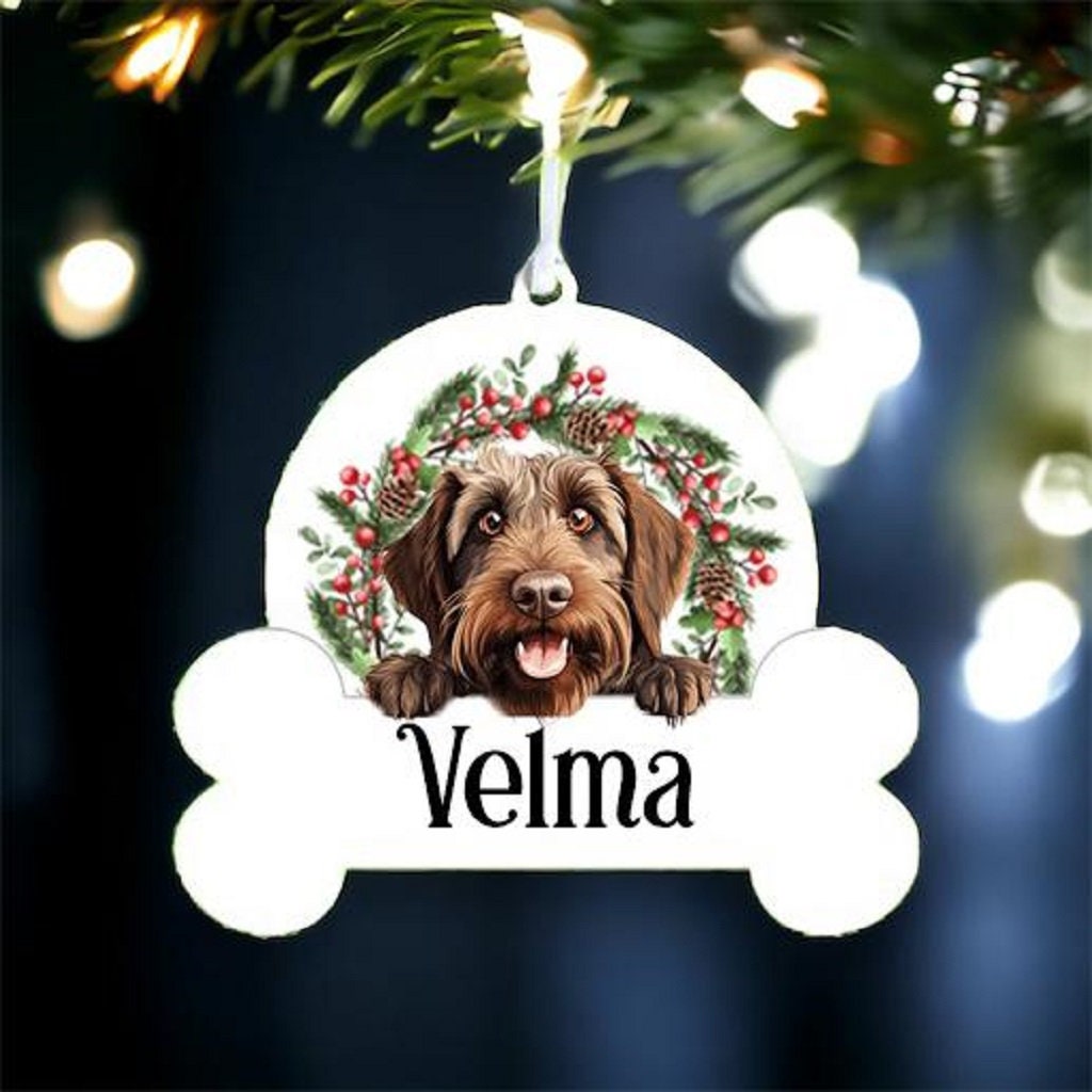 Personalised Christmas Bauble with Wirehaired Pointing Griffon sat in a wreath