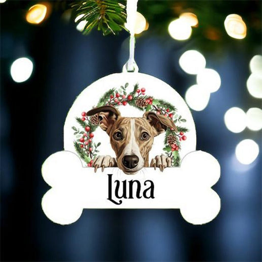 Personalised Christmas Bauble with Whippet sat in a wreath