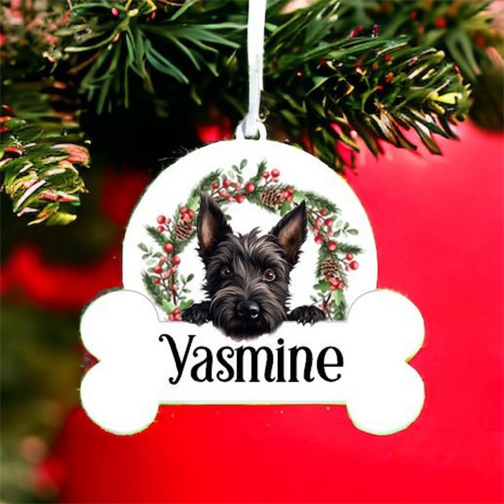 Personalised Christmas Bauble with Scottish Terrier sat in a wreath