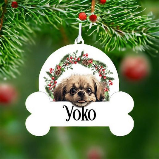 Personalised Christmas Bauble with Pekingese sat in a wreath