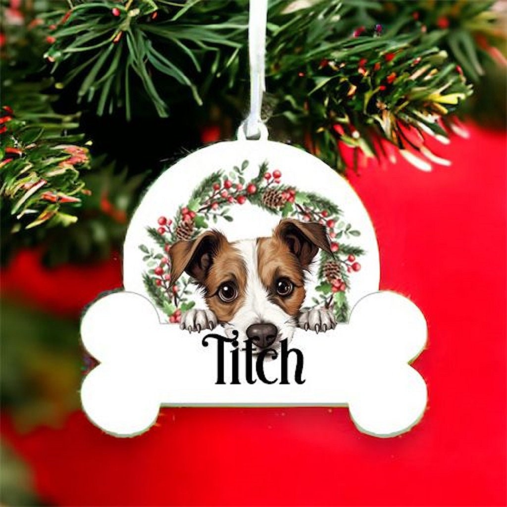 Personalised Christmas Bauble with Jack Russell Terrier sat in a wreath