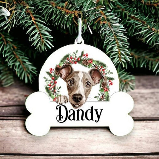 Personalised Christmas Bauble with Italian Greyhound sat in a wreath