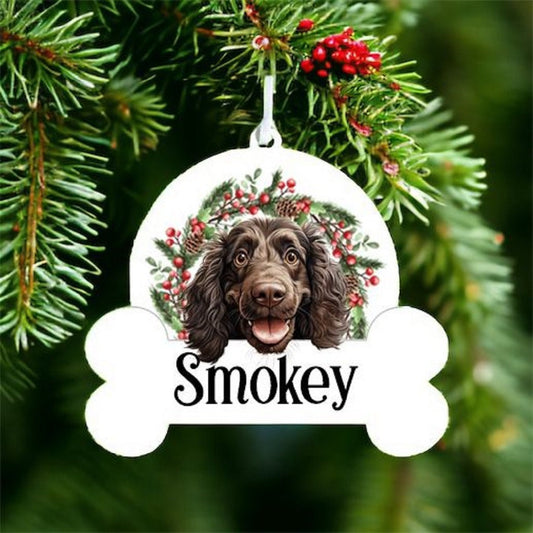 Personalised Christmas Bauble with Boykin Spaniel sat in a wreath