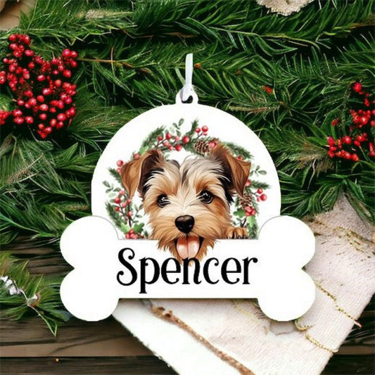 Personalised Christmas Bauble with Biewer Terrier sat in a wreath