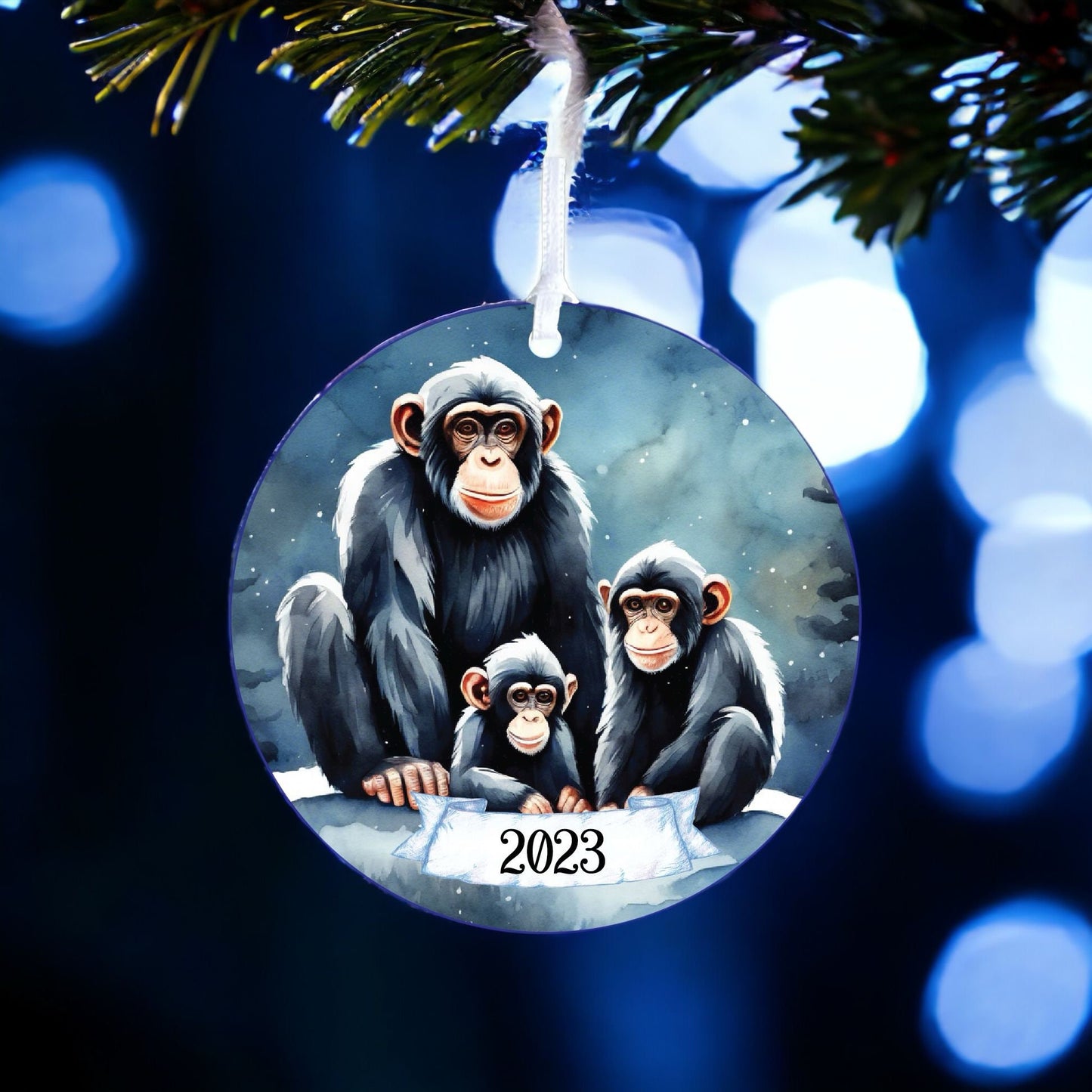 Personalised Chimpanzee Family Winter Starry Night Decoration - Acrylic Bauble Christmas Tree Ornament Gift Keepsake