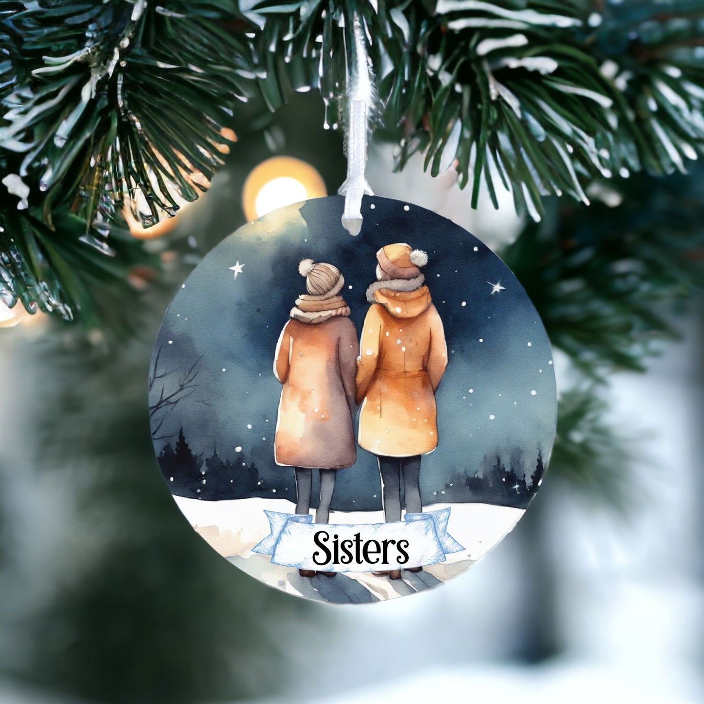 Personalised Two Females Winter Starry Night Decoration A - Acrylic Bauble Christmas Tree Ornament Gift Keepsake