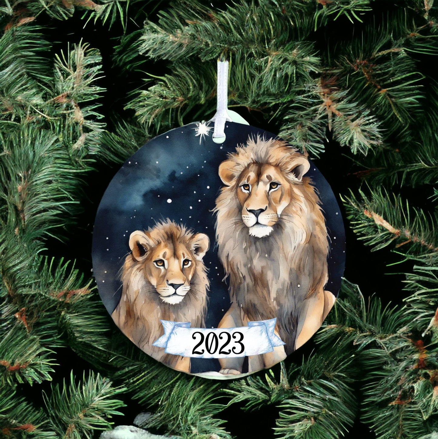 Personalised Lion Family Winter Starry Night Decoration - Acrylic Bauble Christmas Tree Ornament Gift Keepsake