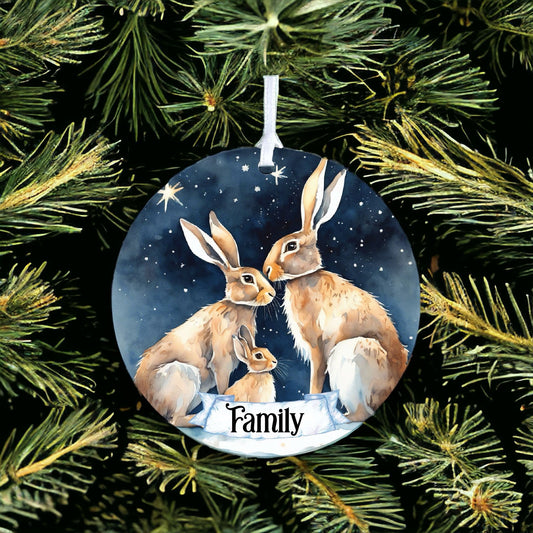 Personalised Rabbit Family Winter Starry Night Decoration - Acrylic Bauble Christmas Tree Ornament Gift Keepsake