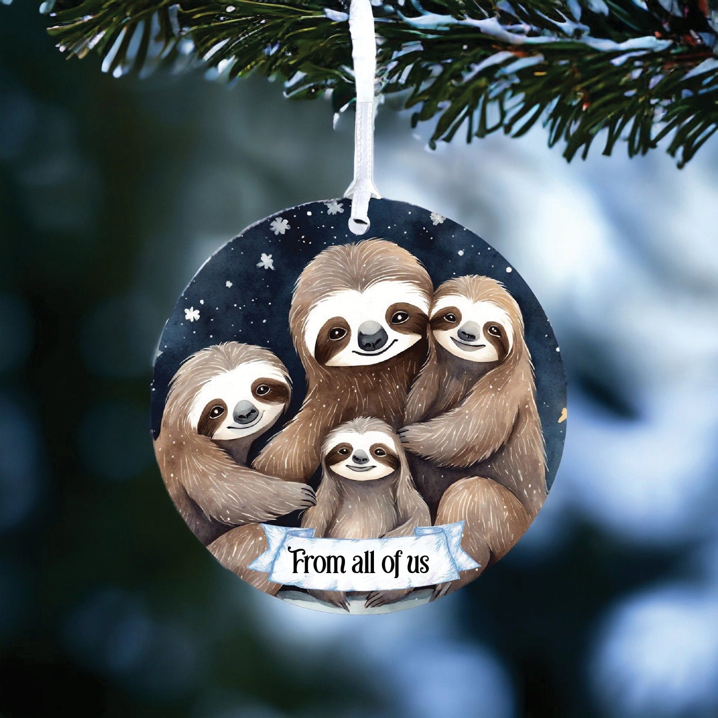 Personalised Sloth Family Winter Starry Night Decoration - Acrylic Bauble Christmas Tree Ornament Gift Keepsake