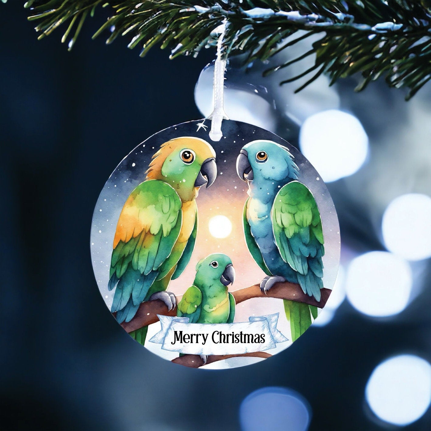 Personalised Parrot Family Winter Starry Night Decoration - Acrylic Bauble Christmas Tree Ornament Gift Keepsake