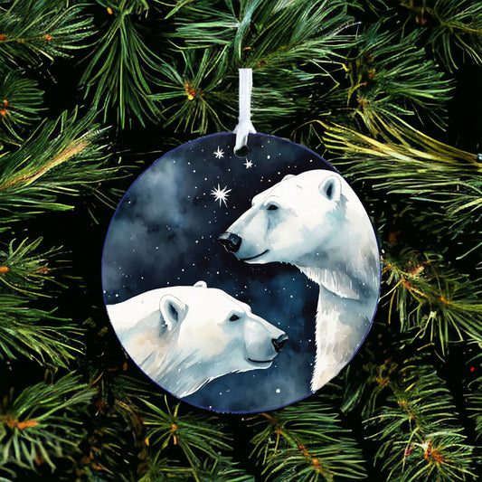 Polar Bear Family Winter Starry Night Decoration - Acrylic Bauble Christmas Tree Ornament Gift Keepsake