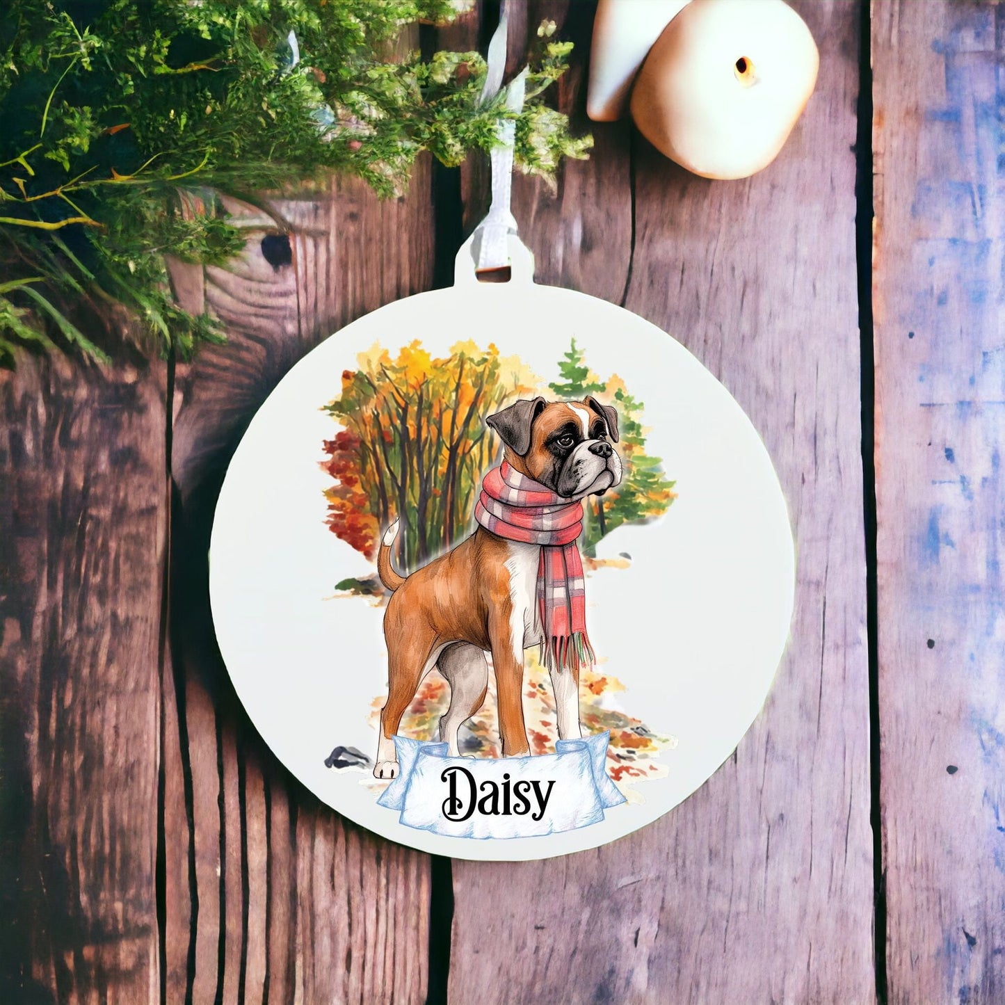 Personalised Watercolour Boxer Dog on Winter Walk - Acrylic Ornament Decoration Gift Keepsake