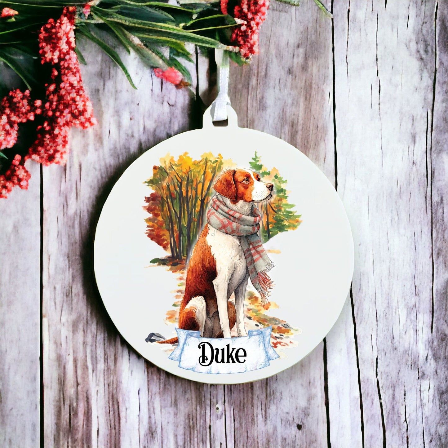 Personalised Watercolour Brittany Dog on Winter Walk - Acrylic Ornament Decoration Gift Keepsake