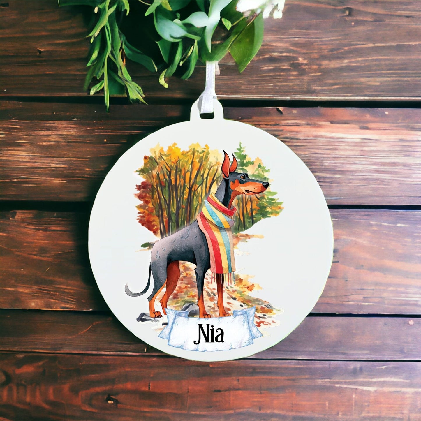 Personalised Watercolour Doberman Pinscher - Dog on Winter Walk - Acrylic Ornament Decoration Gift Keepsake