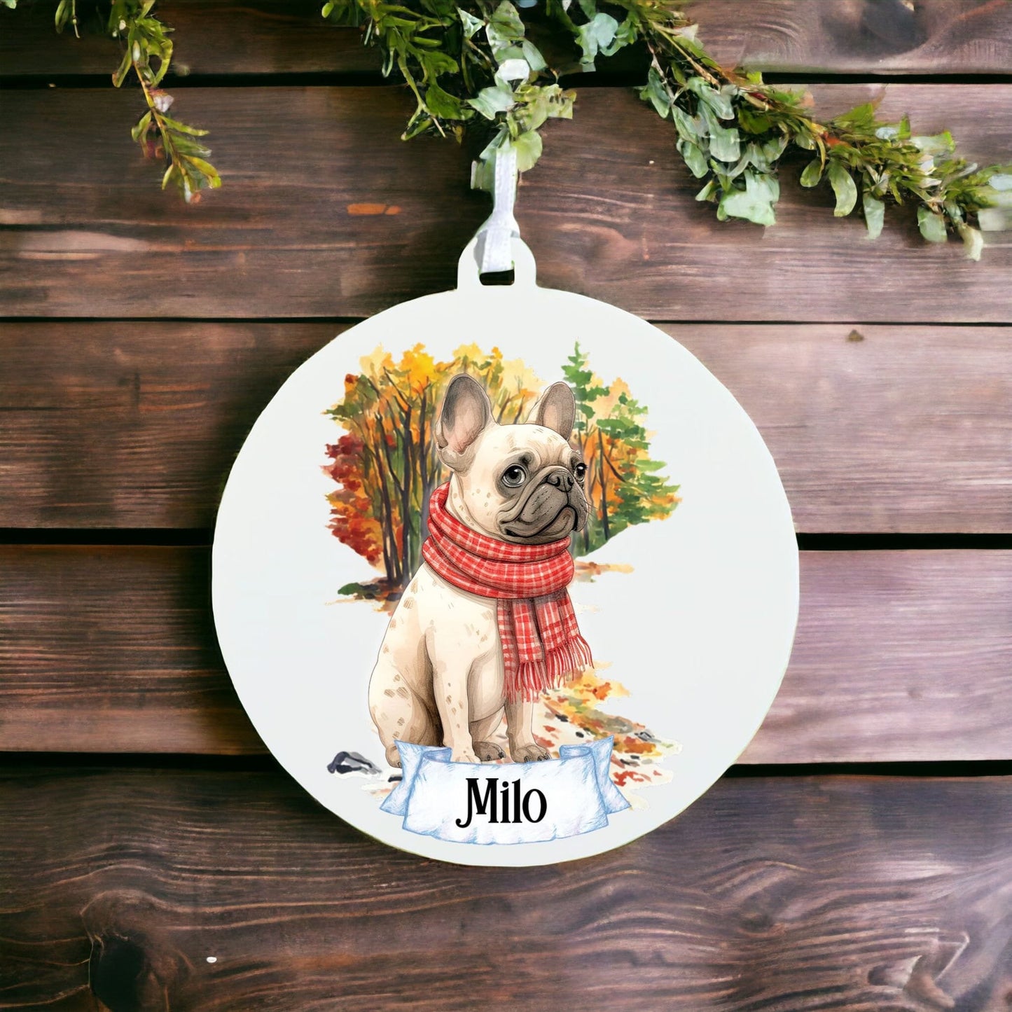 Personalised Watercolour French Bulldog Dog on Winter Walk - Acrylic Ornament Decoration Gift Keepsake