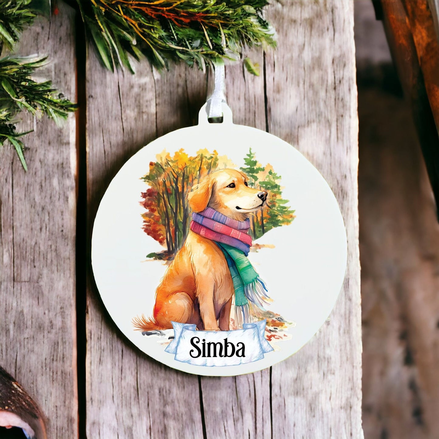 Personalised Watercolour Golden Retriever - Dog on Winter Walk - Acrylic Ornament Decoration Gift Keepsake