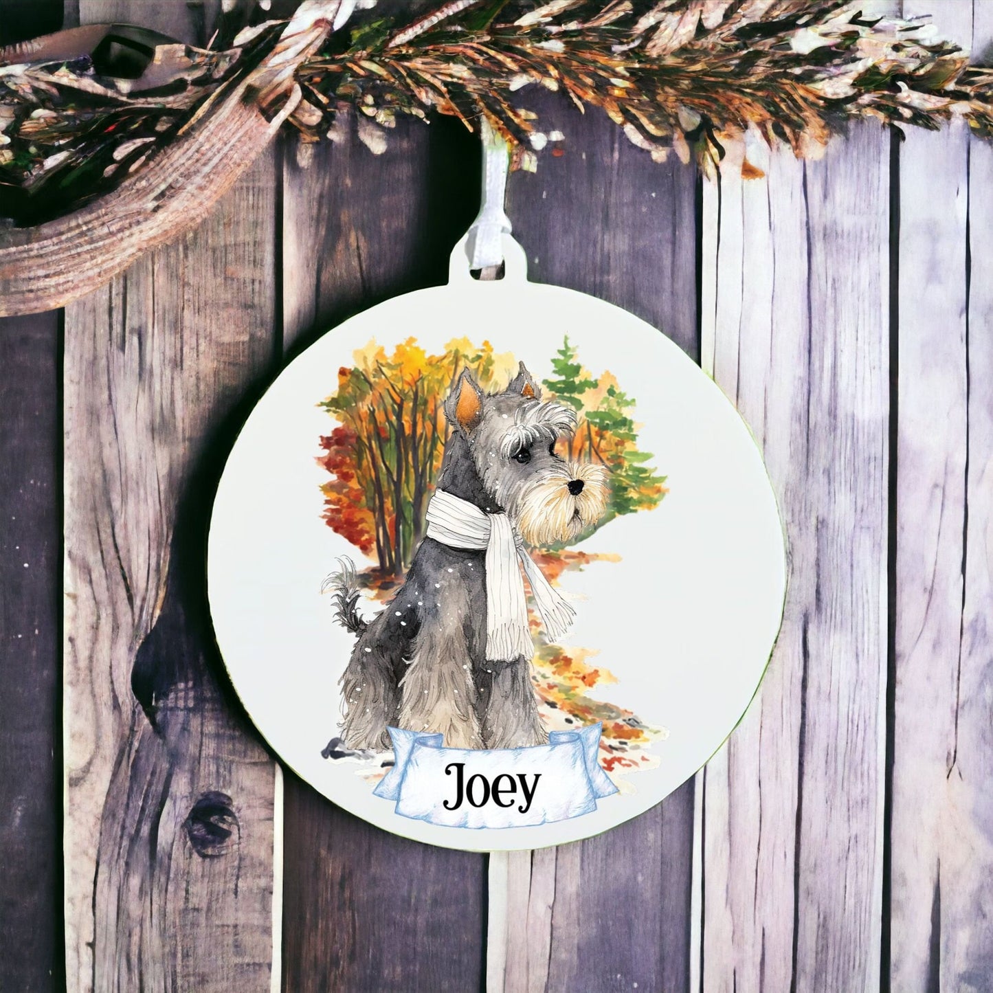 Personalised Watercolour Miniature Schnauzer - Dog on Winter Walk - Acrylic Ornament Decoration Gift Keepsake