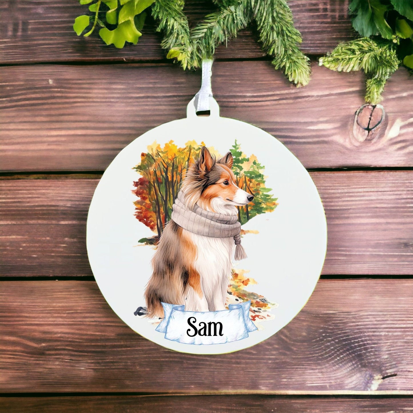 Personalised Watercolour Shetland Sheepdog - Dog on Winter Walk - Acrylic Ornament Decoration Gift Keepsake