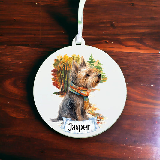 Personalised Watercolour Yorkshire Terrier - Dog on Winter Walk - Acrylic Ornament Decoration Gift Keepsake