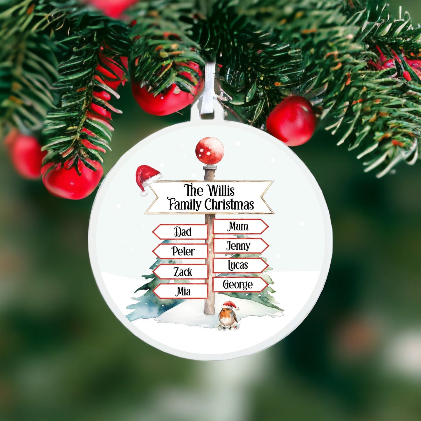 Personalised North Pole Family Sign with Eight Names - Acrylic Bauble Christmas Tree Ornament Decoration Gift Keepsake