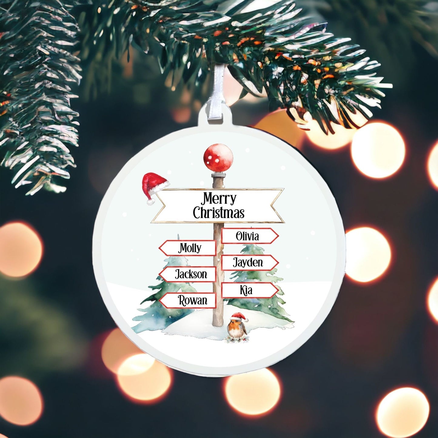 Personalised North Pole Family Sign with Six Names - Acrylic Bauble Christmas Tree Ornament Decoration Gift Keepsake