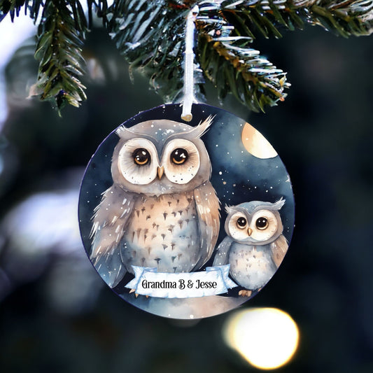 Personalised Owls Winter Starry Night Decoration - Acrylic Bauble Christmas Tree Ornament Gift Keepsake