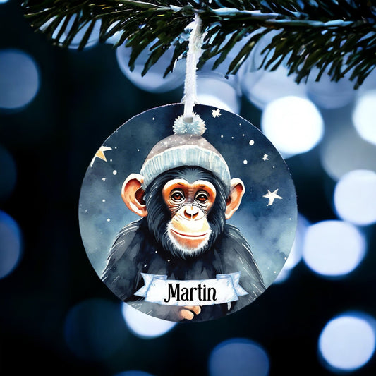 Personalised Chimpanzee Winter Starry Night Decoration - Acrylic Bauble Christmas Tree Ornament Gift Keepsake