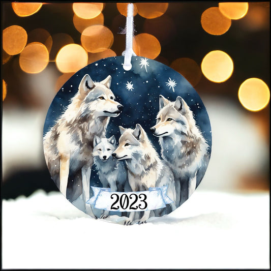 Personalised Wolf Family Winter Starry Night Decoration - Acrylic Bauble Christmas Tree Ornament Gift Keepsake