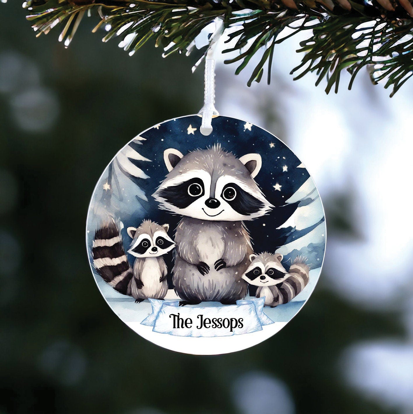 Personalised Racoon Family Winter Starry Night Decoration - Acrylic Bauble Christmas Tree Ornament Gift Keepsake